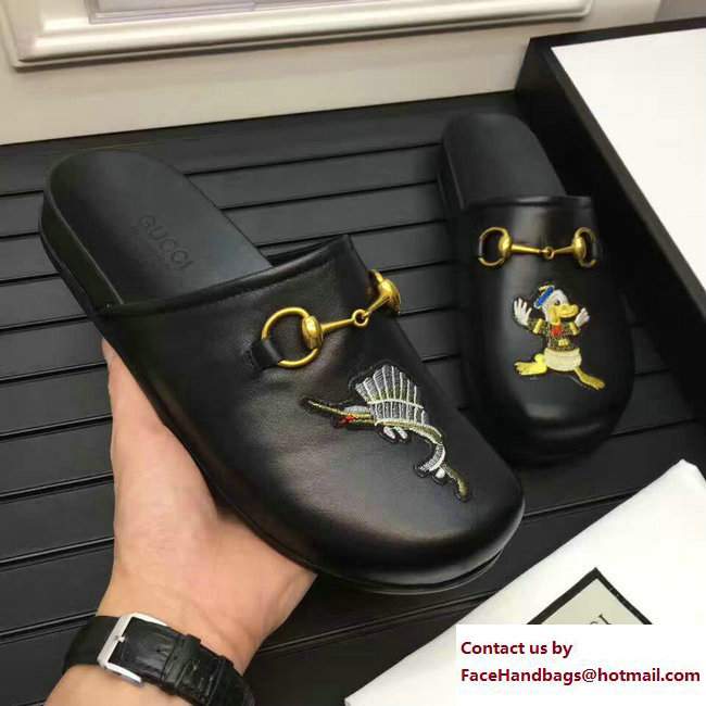 Gucci  &  Disney Horsebit Detail Embroidered Leather Men's Slipper 459090 Black 2017